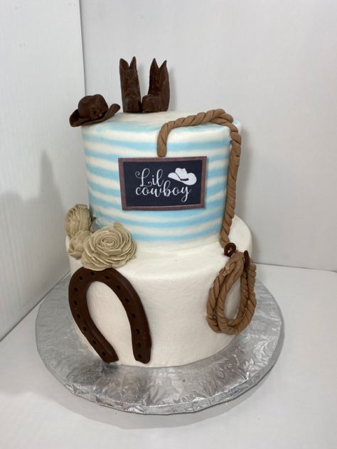 A Little Cowboy Is On His Way Cake, Western Baby Shower Cake, Cowboy Baby Shower Cake, Cowboy Baby Shower Theme, Cow Baby Shower Theme, Rodeo Baby Shower, Cowboy Nursery, Cowboy Cakes, Baby Gender Reveal Party Decorations