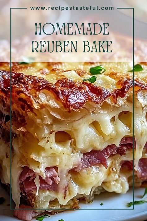 A comforting and easy-to-make dish that combines the classic flavors of a Reuben sandwich in a warm, cheesy bake. Perfect for family dinners or casual gatherings! Ruben Bake Reuben Casserole, Homemade Reuben Bake, Ruben Bake, Rueben Bake, Ruben Casserole, Rueben Casserole, Reuben Bake Recipe, Reuben Bake, Reuben Sandwiches