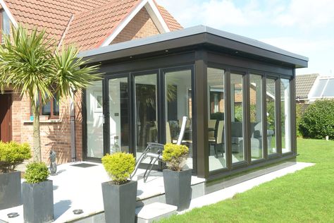 Stunning #sunroom Pod Northern Ireland - By utilising various colours of framework and different material types for home #extensions, we can produce beautiful finishes like this. Conservatory Conversion, Glass Roof Extension, Sunroom Extension, Modern Sunroom, Lean To Conservatory, Garden Room Ideas, Garden Room Extensions, Conservatory Furniture, Room Extensions