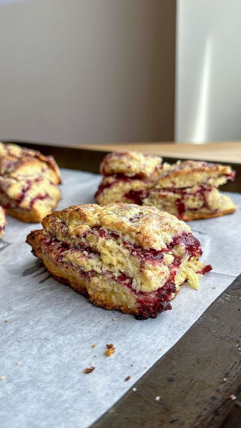 Lucija | Raspberry jam scones !!! Unlike anything else I’ve ever baked 😍 so flaky and soft and also why don’t we have a raspberry emoji, it’s the… | Instagram Raspberry Jam Scones, Jam Scones, Raspberry Scones Recipe, Raspberry Scone, Easy Raspberry Scones, Frozen Raspberry Scones, Jam Filled Scones, Sourdough Raspberry Scones, Rasberry Scones