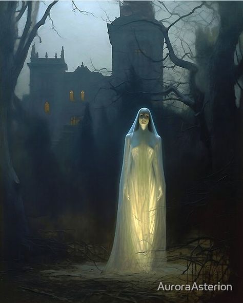 An eerie and macabre artwork featuring a spectral figure of an Victorian-era woman dressed in a white gown, with a foreboding castle looming in the distance, creating an unsettling and gloomy atmosphere. Ghost Woman Art, Ghost Victorian, Macabre Artwork, White Lady Ghost, Victorian Night Dress, Victorian Era Art, Horror Atmosphere, Ghost Paintings, Victorian Ghost