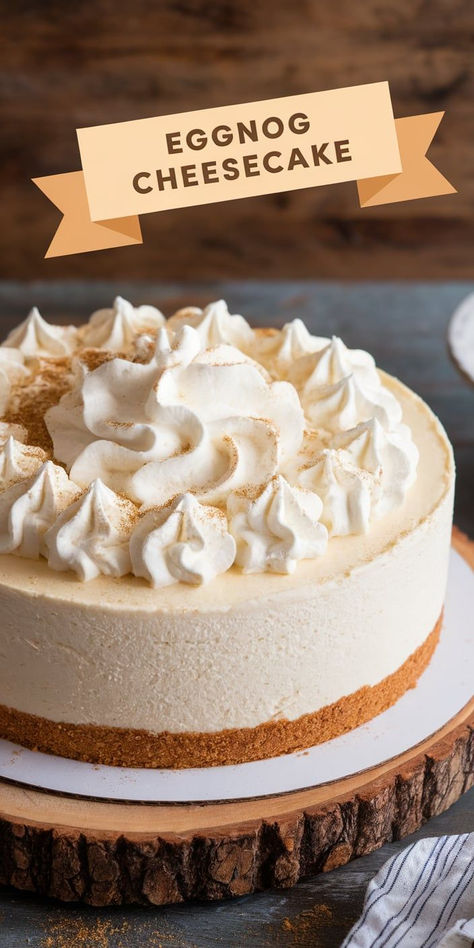 Celebrate the season with this Eggnog Cheesecake! A smooth, velvety filling with the warm flavors of eggnog, cinnamon, and nutmeg, all on a buttery graham cracker crust. Egg Nog No Bake Cheesecake, Egg Nog Cheesecake Recipe No Bake, Eggnog Cheesecake With Gingersnap Crust, Egg Nog Cheesecake Recipe, Grinch Cheesecake, Eggnog Dessert Recipes, No Bake Eggnog Cheesecake, Easy Eggnog Cheesecake, Bourbon Cheesecake