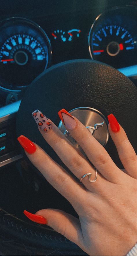 Orange Cheetah Print Nails, Western Nails Orange, Punchy Western Nails Acrylic, Orange Cheetah Nails, Cool Nails Acrylic, Red Western Nails, Short Acrylic Nails Red, Punchy Nails Designs, Punchy Western Nails