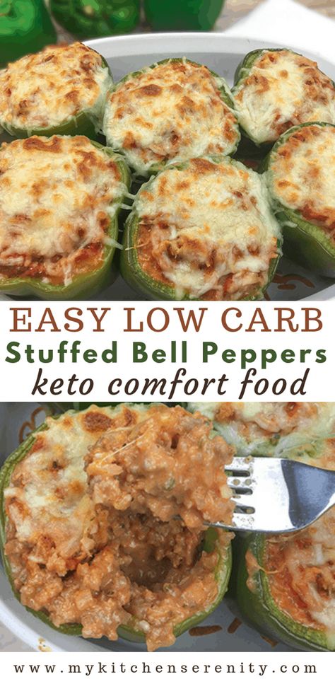 The best low carb stuffed bell peppers! Ground beef, creamy tomato sauce, and cauliflower rice baked inside a bell pepper.  Topped with mozzarella cheese! MyKitchenSerenity.com Low Carb Stuffed Bell Peppers, Beef Cauliflower Rice, Ground Beef Cauliflower, Keto Comfort Food, Keto And Gluten Free, Bell Pepper Recipes, Resep Diet, Low Carb Diet Recipes, Healthy Low Carb Recipes