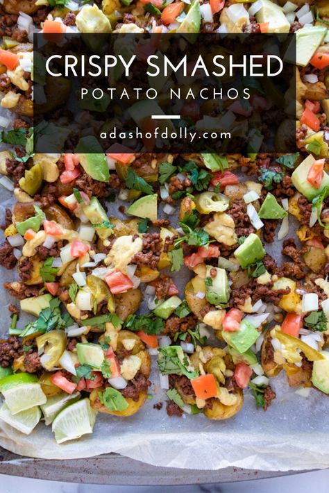 Smashed Potato Nachos, Whole30 Nachos, Whole 30 Nachos, Paleo Nachos, Nachos Recipe Beef, Potato Nachos, Paleo Roast, Nacho Toppings, Crispy Smashed Potatoes