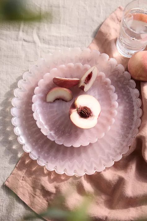 Scalloped Glass Plate Bridal Party Decor, Copper Flatware, Savory Treats, Unique Glassware, Unique Plates, Outdoor Living Furniture, Pretty Plates, Pink Kitchen, Wine Holder