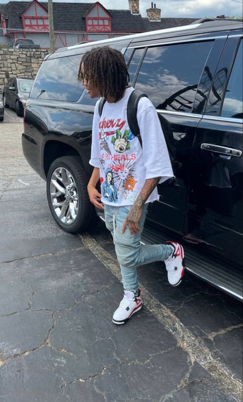 Jordan 4 Outfit Men, Von Rapper, King Von Rapper Aesthetic, Jordan 4 Outfit, Hard Fits, Ayo And Teo, Drippy Fits, Jordan 4 Red, Drippy Outfit