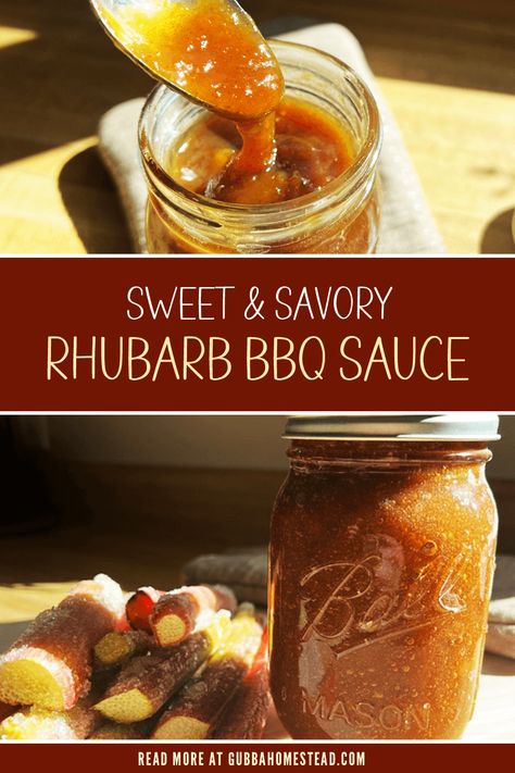 Sweet & Savory Rhubarb BBQ Sauce Pickled Rhubarb Canning, Rhubarb Sweet Chili Jam, Rhubarb Barbeque Sauce Recipe, Rhubarb Barbecue Sauce, Rhubarb Apple Recipes, Rhubarb Bbq Sauce Canning, Canning Rhubarb Recipes, Canned Rhubarb Recipes, Canned Bbq Sauce