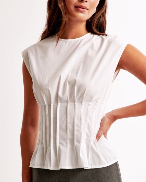 Flattering top in our soft poplin fabric, with on-trend pleating details along the bodice, crew neckline and back keyhole detail. Work Shirts For Women Office Wear, Office Shirts For Women, Belted Top, Chic Corporate Outfits, Tops For Women, Europe Summer Outfits, Active Swimwear, Swimwear Suits, Office Wear Women