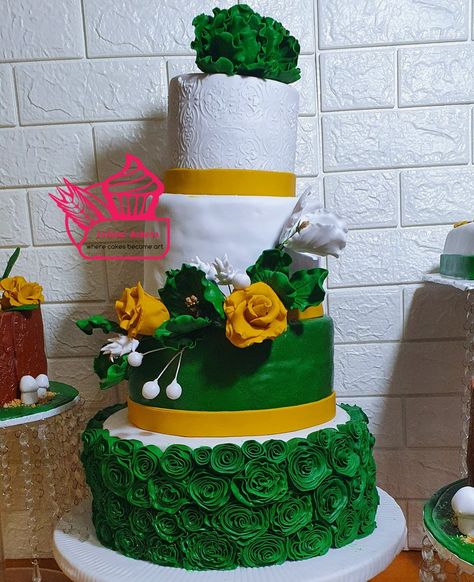 White , green and mustard yellow wedding with beautiful rossettes Emerald Green And Mustard Yellow Wedding Dresses, Emerald Green And Mustard Yellow Wedding, Emerald Green Wedding Cake, Green And Yellow Wedding, Wedding Cake Emerald Green, Mustard Yellow Wedding, Yellow Wedding Cake, Yellow Wedding Colors, Emerald Green Wedding