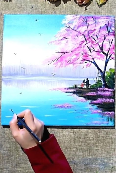 Acrylic painting of spring season landscape painting with cherry blossom trees #painting Drawing Mountains, Mountains Drawing, Cherry Blossom Trees, Video Nature, Landscape Mountains, Seni Dan Kraf, Canvas Painting Tutorials, Easy Canvas Painting, Canvas Painting Designs