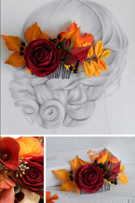 Fall Wedding Hair Comb Autumn Headpiece Burgundy Flower Hair - Etsy Burgundy Wedding Flowers, Fall Wedding Bridesmaids, Bridesmaid Hair Pieces, Wedding Flowers Roses, Autumn Bridal, Leaf Headpiece, Rustic Fall Wedding, Bridal Hair Clip, Wedding Winter