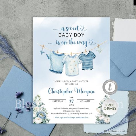 Boy Baby Shower Invitation Baby Clothes Invite A sweet baby boy is on the way Laundry Blue Greenery Editable Printable Download DIY Baby Shower Invitations Templates, Laundry Blue, Baby Shower Invitation Boy, Blue Baby Shower Invitations, Baby Shower Invitations Design, Baby Shower Theme Decorations, Winter Girl, Baby Shower Invitaciones, Invitation Ideas