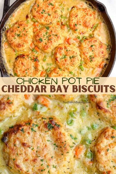 Easy Biscuit Pot Pie, Cheddar Bay Biscuit Chicken Pot Pie Soup, Chicken And Potato Pot Pie, Cheddar Bay Biscuit Meals, Cheddar Biscuit Pot Pie, Biscuits For Dinner Meals, Chicken Soup With Biscuits, Pot Pie Biscuit Recipe, Best Entree Recipes