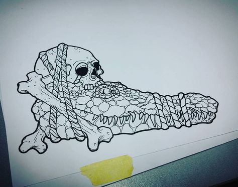 New School Alligator Tattoo, Crocodile Skull Tattoo, Alligator Head Tattoo, Alligator Skull Tattoo, Crocodile Tattoo Design, Gator Tattoo, Gator Art, Alligator Skull, Crocodile Skull