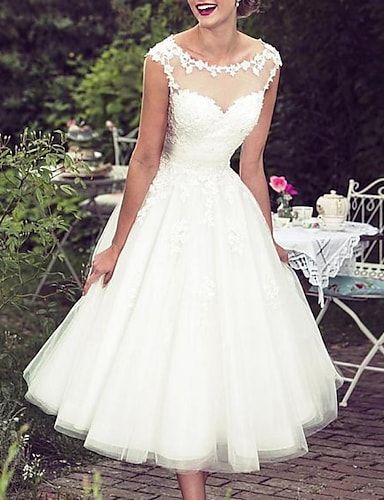 White Dresses Wedding, Jeweled Wedding Dress, Knee Length Wedding Dress, Wedding Dresses A Line, Tea Length Skirt, Vintage Bridal Shower, Tea Length Wedding, Cheap Wedding Dresses Online, Wedding Dress Store