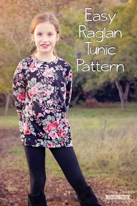 Make a simple Raglan Tunic Top with this free pattern! Girls Tunic Dress Pattern, Raglan Top Pattern, Tunic Pattern Free, Girls Shirt Pattern, Girls Top Pattern, Tunic Tops Pattern, Girls Tunic Tops, Toddler Patterns, Tunic Sewing Patterns