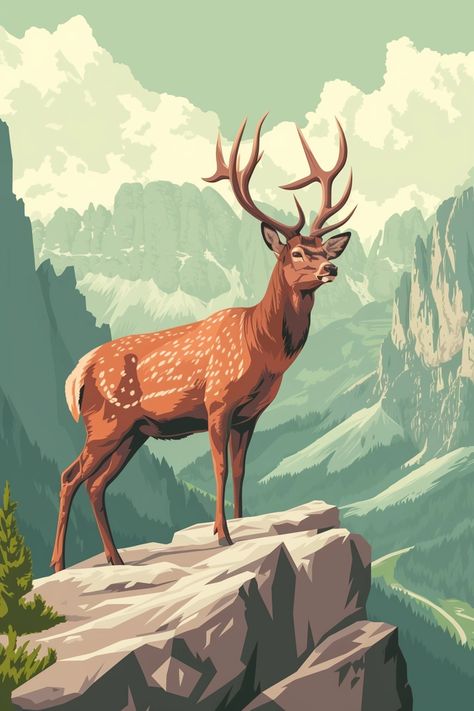 💡✨Travel Wall Art with Midjourney Prompts - Click the Link in my Bio🔗👈 Deer In Mountains, Rocky Cliff, Book Illustration Layout, Male Deer, Deer Drawing, Studio Ghibli Background, Wall Street Art, Deer Stand, Deer Art