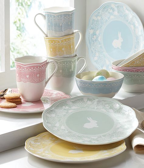 Ideal for the Easter season, the Colors of Spring Collection features bright and warm pastel hues in blue, yellow and pink. Crafted of durable porcelain ceramic, this set is microwave and dishwasher-safe, for added convenience. Easter Dinnerware, Nook Table, Easter Entertaining, Bunny Plates, Easter Table Settings, Easter Tree Decorations, Spring Pastels, Easter Tree, Easter Dinner