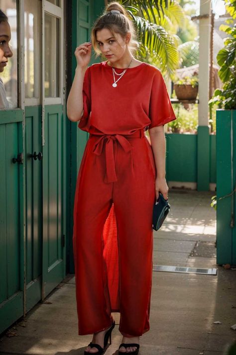 solid five point sleeve belted wide leg jumpsuit 105339 Blouse Tank Top, Sweater Jumpsuit, Tank Top Dress, Red Dark, Fashion Tips For Women, Basic Outfits, Wide Leg Jumpsuit, Fashion Colours, Blue Dark