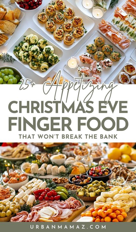 Looking for the best Christmas Eve finger food ideas on a budget? Check out this list of 25+ appetizing Christmas Eve finger food that won't break the bank! Christmas Eve Finger Food Dinner, Christmas Eve Dinner Ideas Finger Foods, Christmas Eve Horderves Families, Appetizer Recipes For Christmas Eve, Christmas Party Easy Food Ideas, Finger Foods With Meat, Christmas Reception Food, Finger Food Recipes For Christmas, Finger Foods And Appetizers