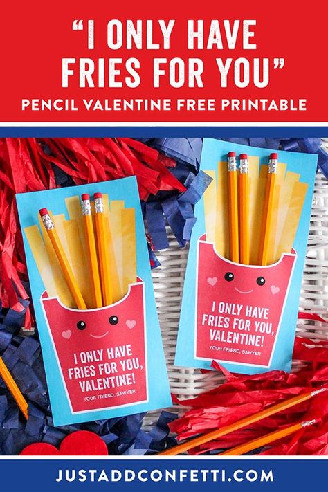 Looking for creative and unique kids valentines for school and Valentine’s Day classroom parties? I've got you covered with this French Fry valentine card! These DIY valentines are so easy to assemble. The printable is available in my Etsy shop. Just pair it with a few pencils for a super cute little Valentine’s Day gift for kids! Be sure to head to justaddconfetti.com for a ton of cute and simple kids valentines ideas. Confetti Classroom, Valentines Diy Kids, Candy Valentines, Valentine Kids, Valentines Bricolage, Classroom Valentines, Class Valentines, Classroom Treats, Valentine Gifts For Kids