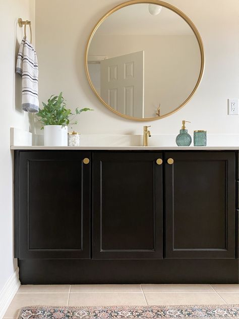 Painting Vanity Black, Diy Black Bathroom Vanity, Paint Bathroom Vanity Black, Best Black Paint For Bathroom Vanity, 90s Bathroom Vanity Makeover, Bathroom With Painted Vanity, Painting A Vanity, Painted Bathroom Vanity, Timber Bathroom Vanities