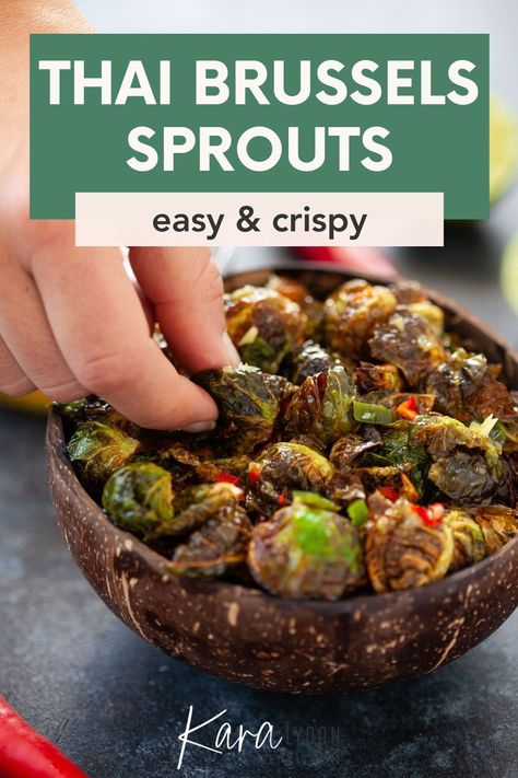 Love Thai food? This super crispy Brussels sprouts recipe features an authentic Thai chili fish sauce for a veggie side dish or Asian appetizer you won't forget! It’s awesome they’re getting so popular, because not only are they delicious, they also happen to be an excellent source of vitamin C and other nutrients. There are so many reasons to enjoy brussels sprouts! Thai Brussel Sprouts, Asian Brussel Sprout Recipes, Crispy Asian Brussel Sprouts, Roasted Brussel Sprouts Asian Style, Brussels Sprouts Appetizer, Asian Inspired Brussel Sprouts, Sweet Thai Chili Brussel Sprouts, Brussel Sprouts Appetizer, Crispy Brussels Sprouts