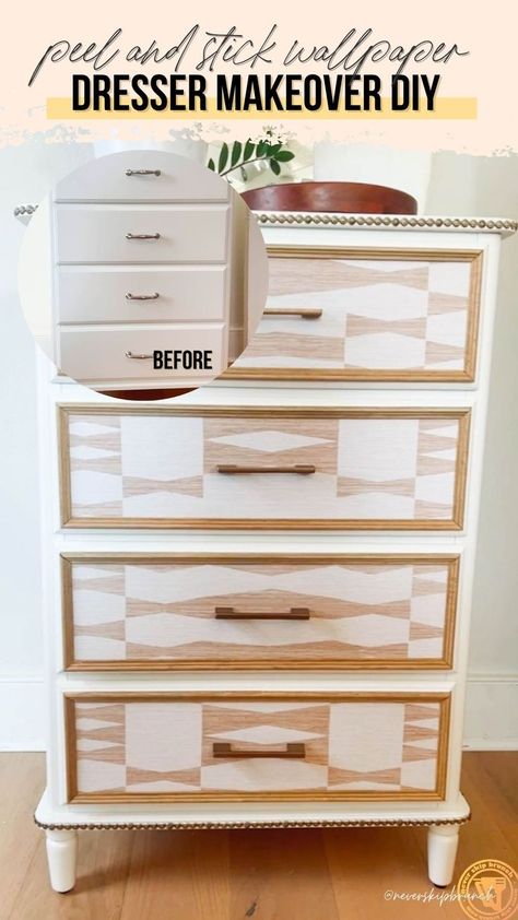 Dresser With Wallpaper Drawers, Using Peel And Stick Wallpaper, Wallpaper Drawers, Dresser Makeover Diy, Wallpaper Dresser, Diy Daybed, Wooden Trim, Diy Dresser Makeover, Fabric Dresser