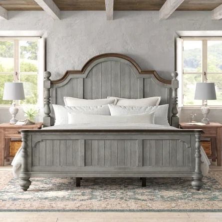 Laurel Foundry Modern Farmhouse Cassius Poster Bed | Wayfair King Size Bed Master Bedrooms, Frame Paneling, Farmhouse Details, King Poster Bed, Modern Farmhouse Lighting, Painted Beds, French Bed, Farmhouse Bedding, Standard Bed