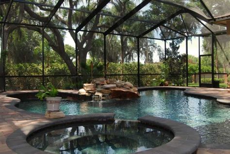 Lagoon Style Pool Ideas, Indoor Pool Ideas Affordable, Florida Barndominium, Solarium Pool, Greenhouse Pool, Indoor Pool Ideas, Tropical Pools, Enclosed Pool, Lanai Room