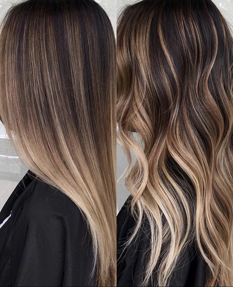 Bold Balayage Brunette, Long Hair Balayage Straight, Ombre Hair Color For Brunettes Straight, Balayage Straight Hair Brunette, Brunette With Platinum Highlights, Ombre Hair For Brunettes, Golden Balayage On Dark Hair, Balayage Brunette Straight, Brunette Balayage Straight Hair