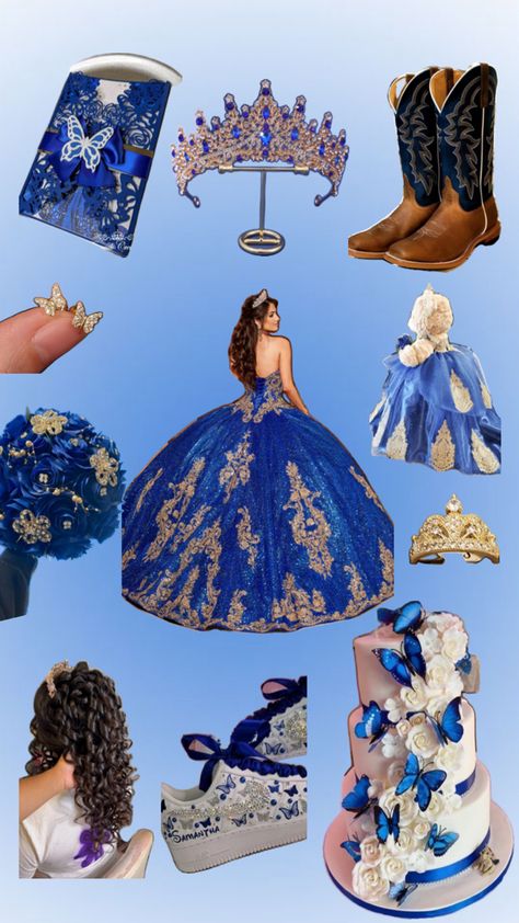 Royal blue quince board (15) Stitch Theme Quinceanera, Royal Blue And Gold Chambelanes Outfits, Royal Blue Charro Dress, Royal Blue And Champagne Quinceanera, Royal Blue Quince Chambelanes, Quince Decorations Navy Blue, Quince Blue And Gold, Dark Blue Quince Decorations, Quince Blue Theme