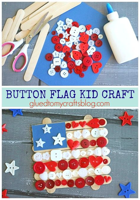 Making it super easy for YOU to get craft time in on those patriotic holidays and events! This Popsicle Stick Button Flag Kid Craft idea is super simple, inexpensive AND doubles as awesome red, white and blue decor as well! If you are looking for a festive DIY craft to do with the kids, today’s fabulous American flag … Memorial Day Crafts, Memorial Day Activities, July Crafts For Kids, Fourth Of July Crafts For Kids, Patriotic Kids, July Activities, Fourth Of July Crafts, Tent Camping Hacks, Flag Crafts