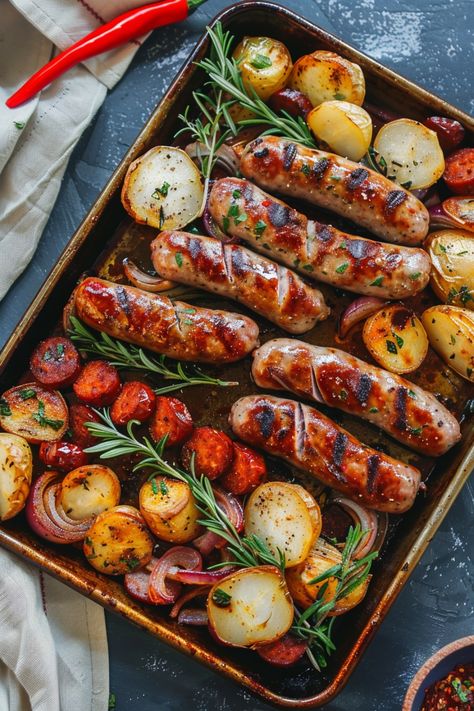 Looking for an easy and delicious dinner idea? Try out these tasty sausage sheet pan recipes! From sausage sheet pan dinners with potatoes to wholesome options with sweet potato, there's a recipe for everyone. These sausage sheet pan meals are perfect for quick weeknight dinners or meal prep. Whether you prefer a savory sauce or a simple bake, these recipes are sure to become family favorites. Give them a try and simplify your meal planning tonight! Easy Throw In The Oven Meals, Sausage Potato Green Bean Sheet Pan, Roasted Meals One Pan, Dinner Recipe Sausage, Fall One Pan Dinner, Fall Sheet Pan Dinners Sausage, Easy Dinner Sausage, Fall Sausage Sheet Pan, Baked Potatoes For Dinner Meals