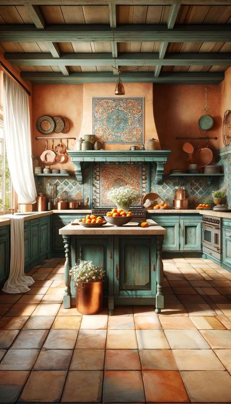 Apricot Walls, Teal Cabinets, Rustic Kitchen Backsplash, Fresh Apricots, Brown Headboard, Spanish Style Kitchen, Green Kitchen Designs, Kitchen Mosaic, Tuscan Style Homes