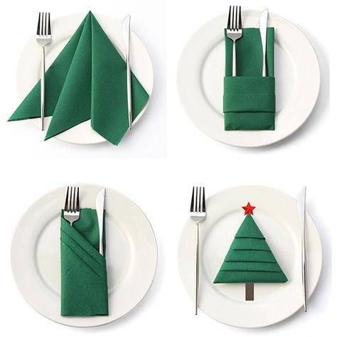 Christmas Napkins Folding, Christmas Napkin Folds, Table Set Ideas, Napkin Folding Christmas, Party Food Christmas, Dinner Table Christmas, Christmas Table Set, Napkins Folding, Christmas Tree Napkin Fold