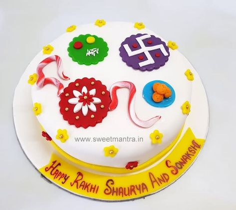 Indian festival rakshabandhan Rakhi theme designer fondant cake for rakhi festival celebrations by Sweet Mantra - Customized 3D cakes Designer Wedding/Engagement cakes in Pune - http://cakesdecor.com/cakes/317604-indian-festival-rakshabandhan-rakhi-theme-designer-fondant-cake-for-rakhi-festival-celebrations Rakhi Theme Cake, Rakhi Special Cake, Rakhi Cake Designs, Rakshabandhan Cake, Diwali Cupcakes, Rakhi Cake, Rakhi Decoration, Cake For Brother, Diwali Cake