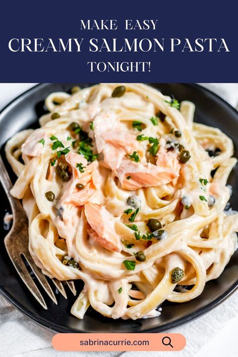 Creamy salmon pasta with parsley and capers in a bowl. Creamy Salmon Alfredo Pasta, Salmon Alfredo Pasta Recipes, Salmon Leftover Recipes, Salmon Pasta Recipes Easy, Canned Salmon Pasta, Salmon Alfredo Pasta, One Pot Salmon, Sweet Salmon, Pasta Salmon