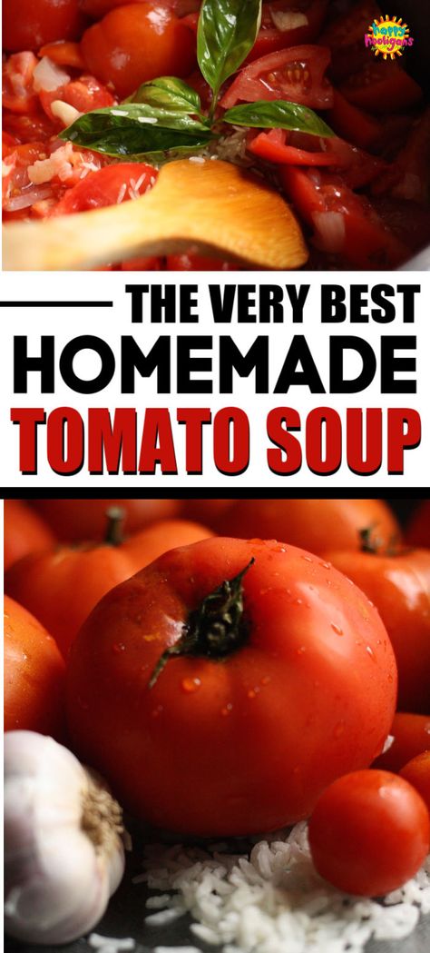 This homemade tomato soup is so good you'll want to drink it straight from the bowl. Seriously! It's made with fresh tomatoes, onions, garlic and a tsp of rice to thicken it. The surprise ingredient, garam masala, takes tomato soup to an entirely new level. It's easy to make, and guaranteed to be the only tomato soup you'll ever crave again. #HappyHooligans #BestRecipes #EasyRecipes #HomemadeSoup #Tomatoes #GardenFresh #Garlic #Onion #Lunch #Dinner Best Homemade Tomato Soup With Fresh Tomatoes, Fresh Garden Tomatoe Soup, Homemade Tomato Vegetable Soup, How To Make Tomato Soup From Tomatoes, Tomato Soup Using Fresh Tomatoes, Slow Cooker Tomato Soup Fresh Tomatoes, Tomato Soup Made With Fresh Tomatoes, Easy Tomato Soup With Fresh Tomatoes, Fresh Tomato Soup Recipe Homemade