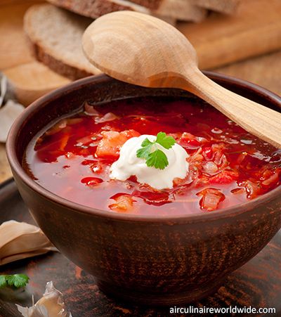 Borscht is a healthy, warm and amazingly versatile dish enjoyed in Russia and around the world. Learn more about it and try out Chef John Detloff’s recipe:  Food Origins: Russian Borscht German Russian Food, Russian Borscht, Instagrammable Food, Russia Food, Catering Recipes, Dr Food, Traditional Russian Food, Borscht Soup, Beetroot Soup