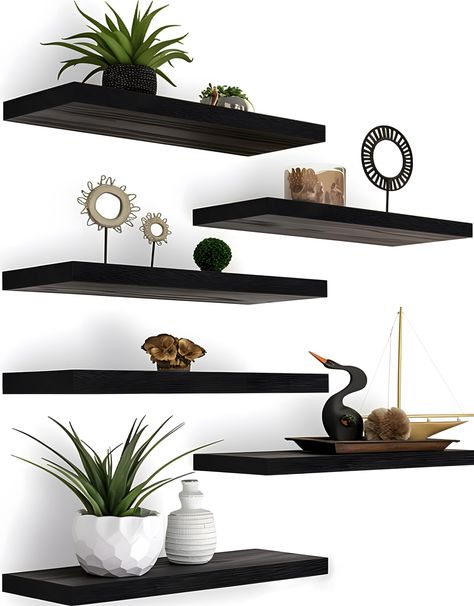 PRICES MAY VARY. Nice Floating Shelves - Nice looking Floating Shelves, rustic real wood wall shelves with an industrial style design, it will be a perfect match to your bathroom, living room, kitchen, bedroom. Sturdy and Easy to Setup Floating Shelves - With durable hardware and metal brackets, the floating shelves has 20lbs high Weighing capacity. With the detailed directions and all hardware, it only takes 8 minutes to install the wall shelves. Home decor and storage shelves - This wall shelv Dark Wood Shelves, Shelves For Bedroom, Room Yellow, Floating Shelves Bedroom, Rustic Wood Floating Shelves, Floating Shelves Living Room, Rustic Wall Shelves, Black Floating Shelves, Shelves For Wall