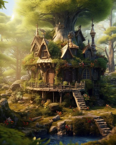 Fantasy Lodge, Druid House, Treehouse Aesthetic, Dnd House, Witches Hut, Witch Hut, Fantasy Architecture, Fantasy Village, Woodland Cottage