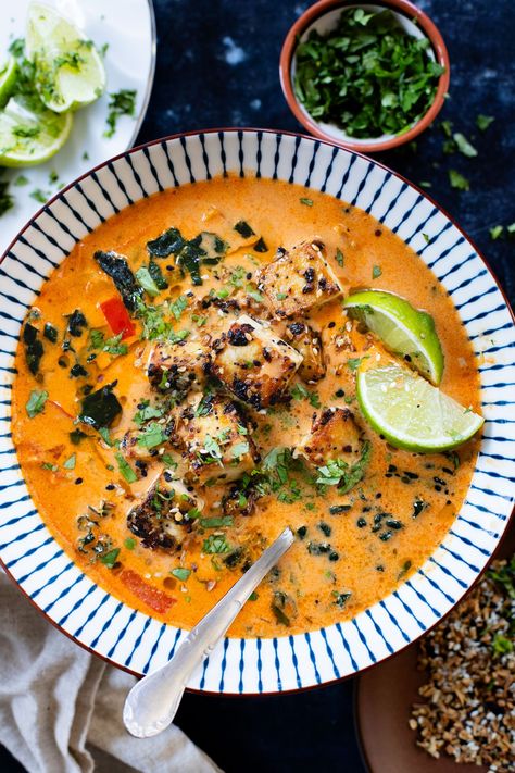 Red Curry Peanut Soup with Sesame Crusted Tofu Sesame Crusted Tofu, Red Curry Tofu, Chipotle Tofu, Crusted Tofu, Coconut Broth, Liquid Lunch, Tofu Recipes Vegan, Peanut Soup, Asian Vegetables