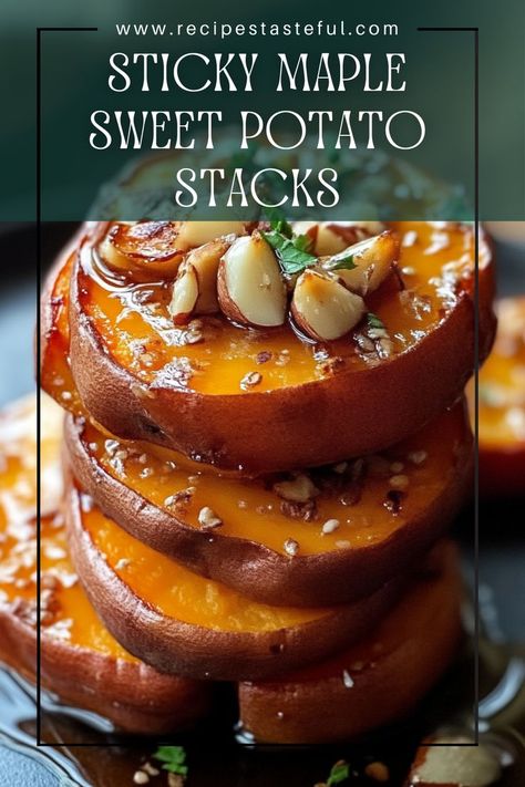 These Sticky Maple Sweet Potato Stacks are a delightful combination of sweet and savory, featuring tender sweet potatoes layered with a rich garlic and almond butter mixture. Baked to crispy perfection, they're perfect as a side dish or a unique appetizer. Garlic Butter Sweet Potato Stacks, Sweet Potato Stacks Muffin Tins, Sweet Potato Stacks, Sweet Potato Tater Tots, Maple Sweet Potatoes, Potato Stacks, Unique Appetizers, Work Lunch, Quick Weeknight Meals