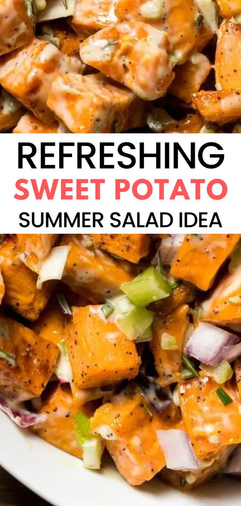 Sweet Potato Picnic Recipes, Potato Salad With Sweet Potatoes, Summer Sweet Potato Salad, Sweet Potato Salad Recipe Cold, Cold Sweet Potato Salad, Warm Sweet Potato Salad, Sweet Potato Summer Recipes, Roasted Sweet Potato Salad Recipe, Sweet Potato Potato Salad