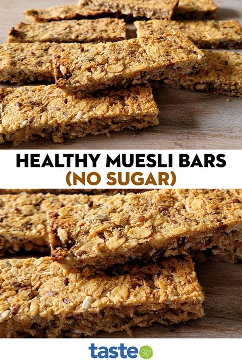 With only 154 cals per serving, these delicious oat, seed and nut muesli bars contain no sugar, are low cal and packed with healthy ingredients. Store them in an airtight container in the fridge or freezer to keep for up to 1 month. Homemade Muslibars, No Fridge Snacks, Muslie Bars, Healthy Muesli Bar Recipe, Healthy Muesli, Muesli Bar Recipe, No Sugar Snacks, Muesli Cookies, Muesli Slice