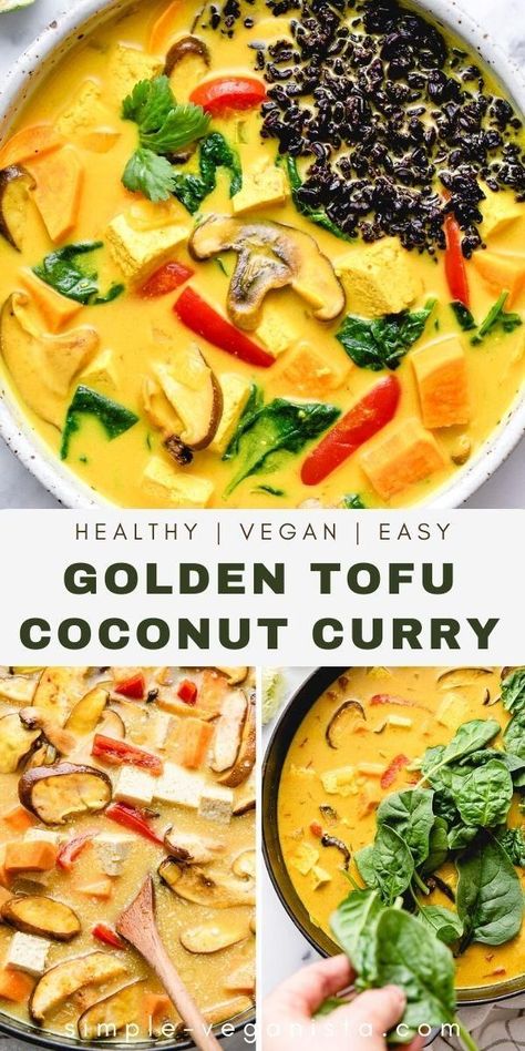 This vegan Golden Tofu Coconut Curry recipe features sweet potato, shiitake, red bell peppers, and greens wrapped in a warm yellow curry broth and served with rice for a flavorful, nourishing, and delicious meal ready in 30-minutes! Low Cholesterol Vegan Recipes, Tofu Curry Recipes, Vegan Tofu Curry, Tofu Coconut Curry, Vegan Curries, Yellow Curry Recipe, Coconut Curry Recipe, Curry Broth, Simple Veganista