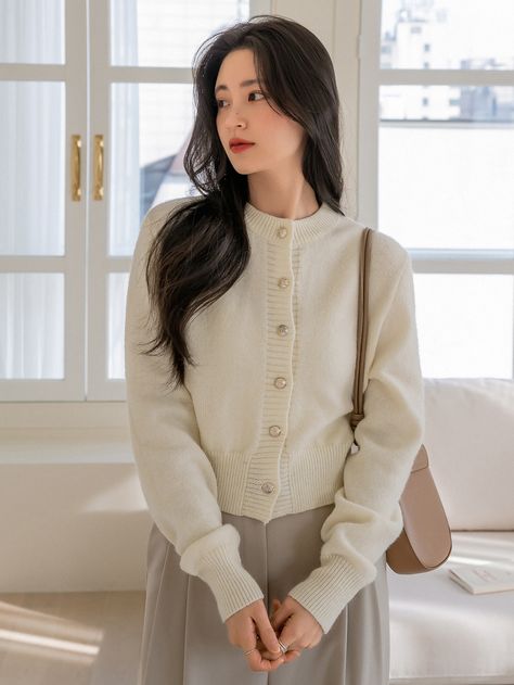 Beige Casual  Long Sleeve Acrylic Plain Cardigan  Medium Stretch Spring/Fall Women Knitwear Beige Knit Cardigan Outfit, Cardigan With Dress Outfit, Button Skirt Outfit, Button Cardigan Outfit, Cardigan Outfit Korean, Beige Cardigan Outfit, Cardigan Ootd, Clean Outfits, Korean Cardigan