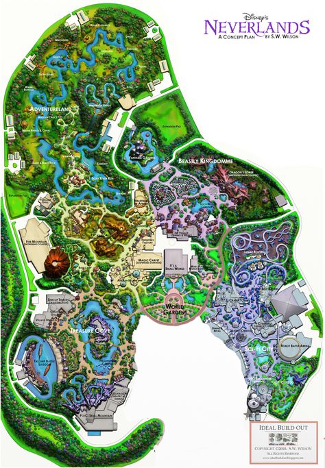 Neverlands concept plan, Ideal Buildout Disney Park Maps, Theme Park Planning, Theme Park Map, Lake Front House Plans, Concept Plan, Coaster Ideas, Planet Coaster, City Layout, Disney Kingdom